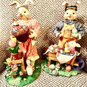 Fabric Mache Easter Bunny Figurines with Baskets. 12" tall.